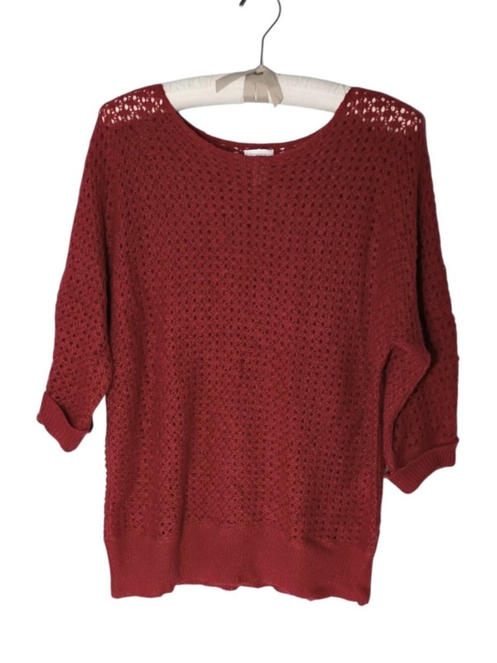 Chicos Wool Mohair Blend Open Knit Sweater L (2) Lighweight 3/4" Sleeves